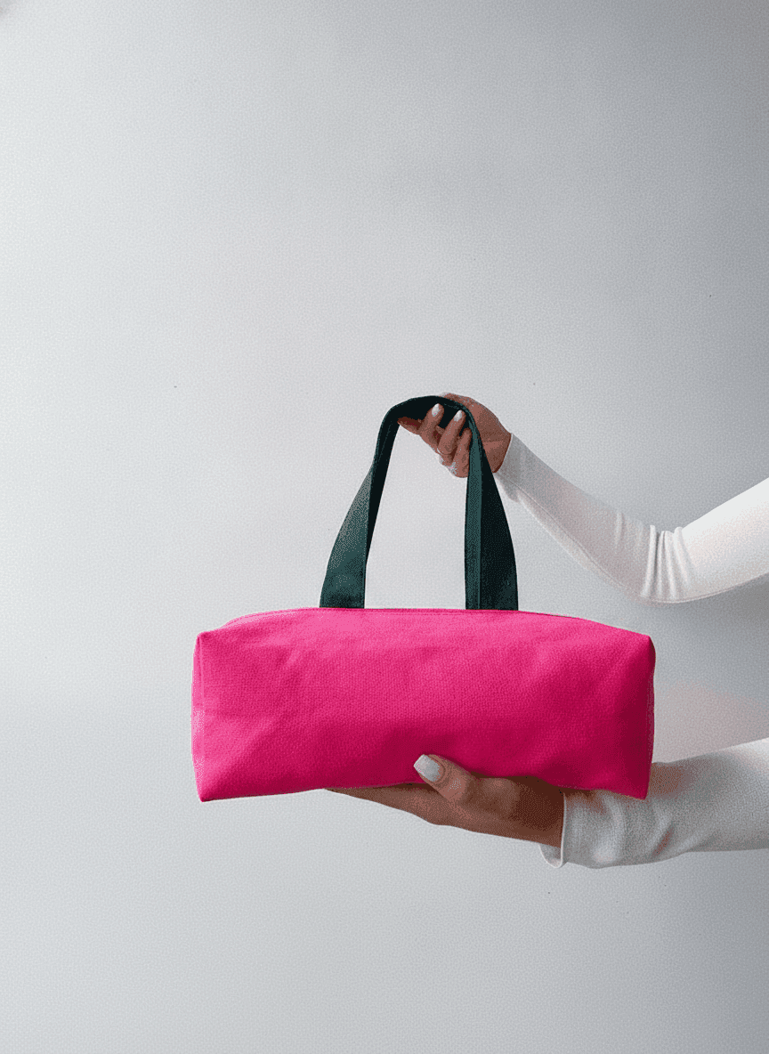 Pink Twill Tote Bag with Dark Green Handles