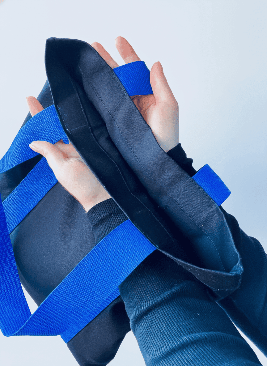 Black Tote Bag with Long Blue Handles