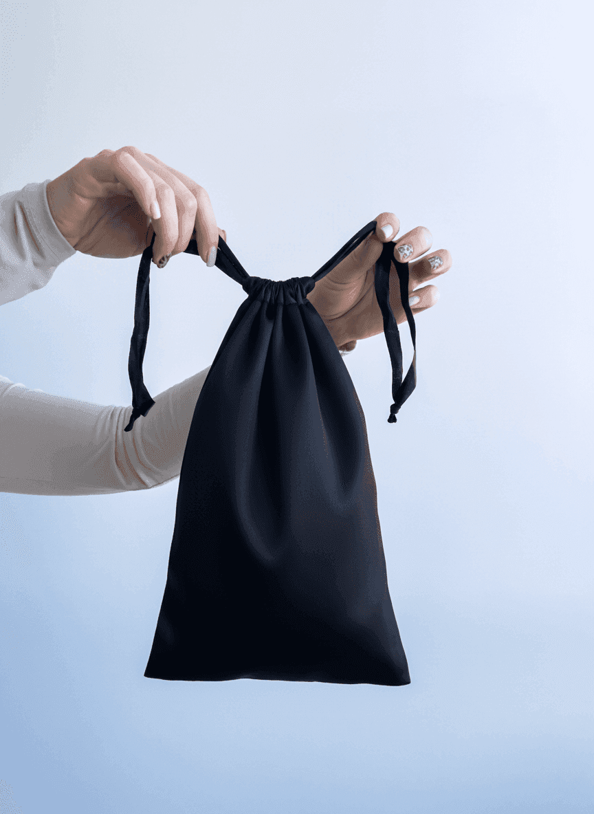 Атласный плоский мешочек с черными ручками для подарков