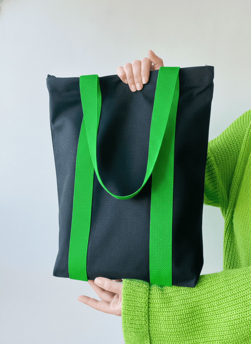 Black tote bag with long green handles