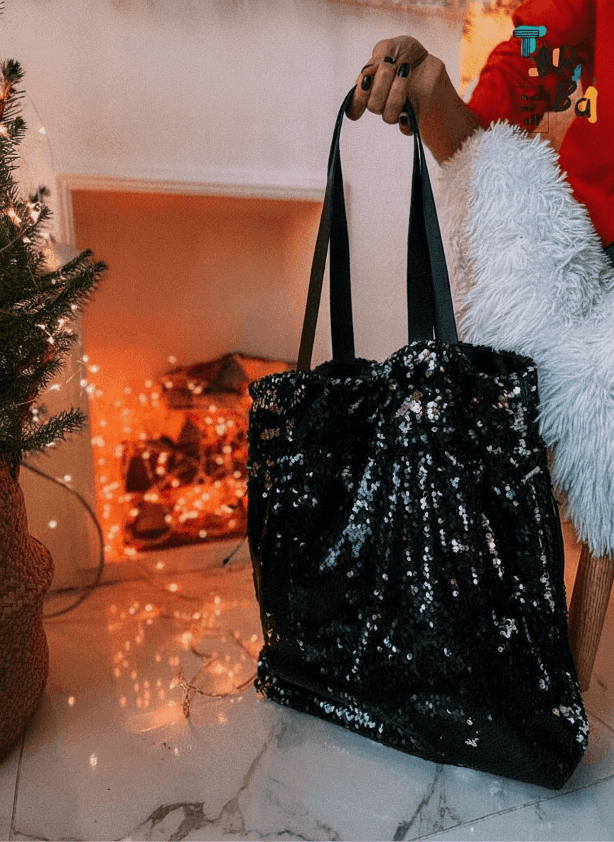 Sequin tote with leather handles