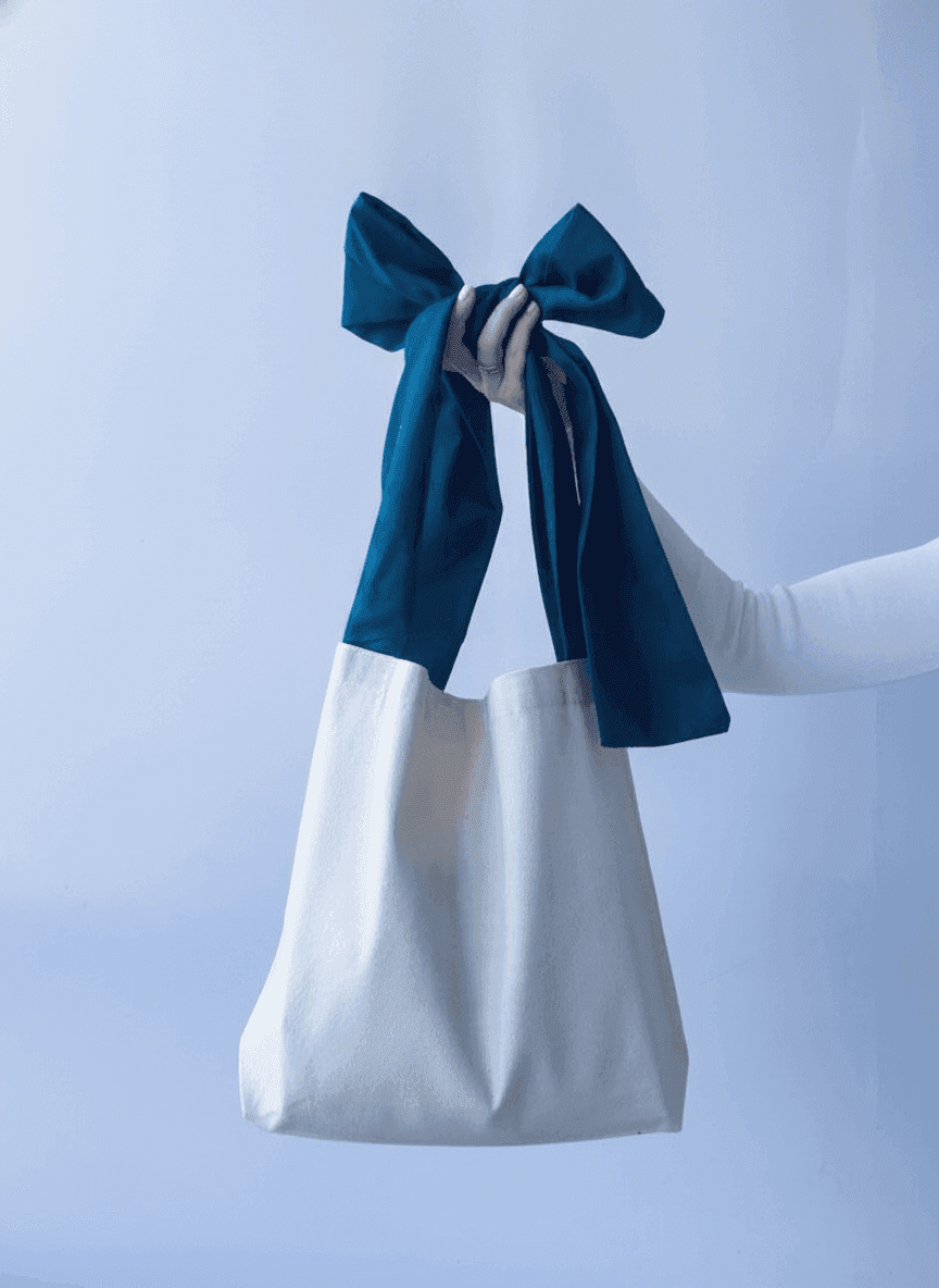 Beige Cotton Tote Bag with Turquoise Handles
