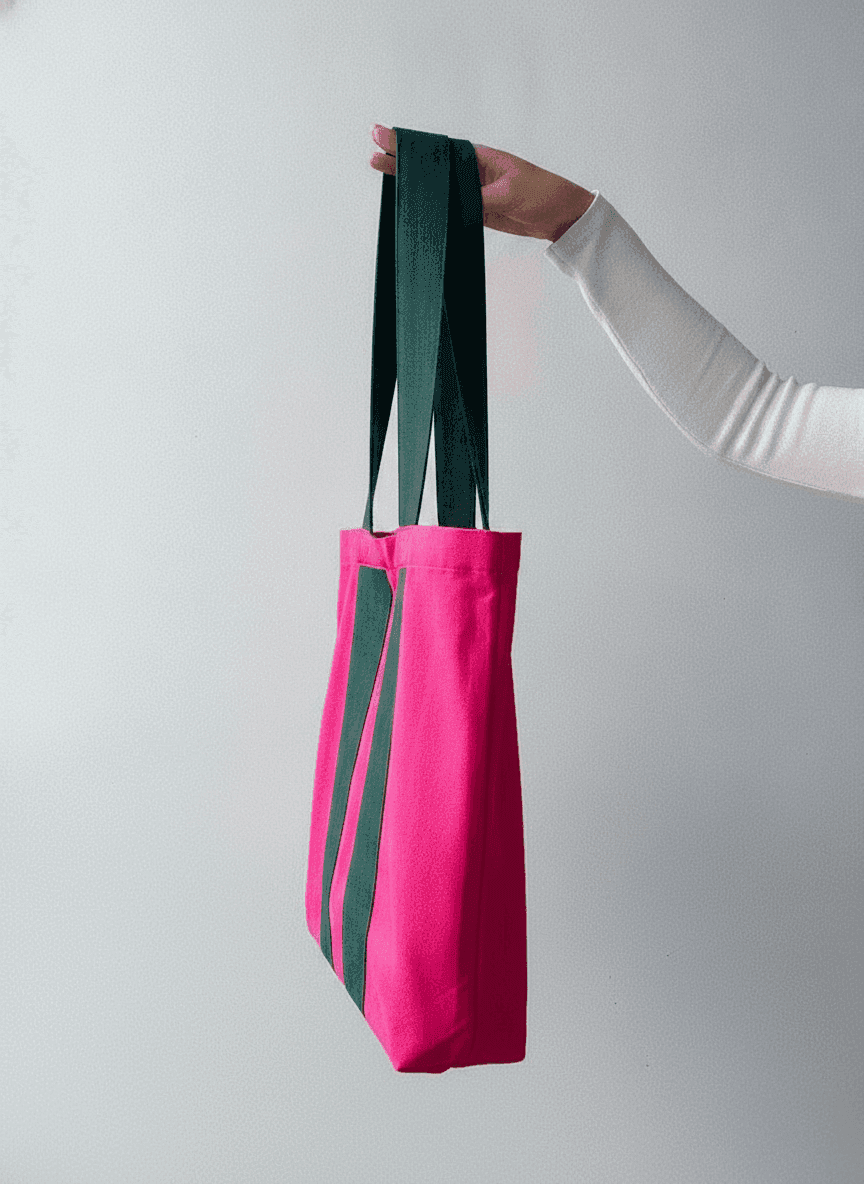 Pink Twill Tote Bag with Dark Green Handles