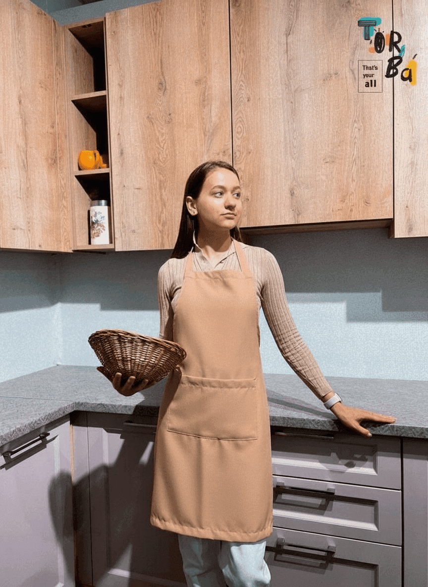 Beige Gabardine Apron with Bread Print