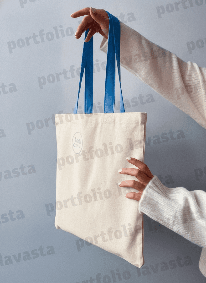 Long Cotton Tote Bag with Blue Handles