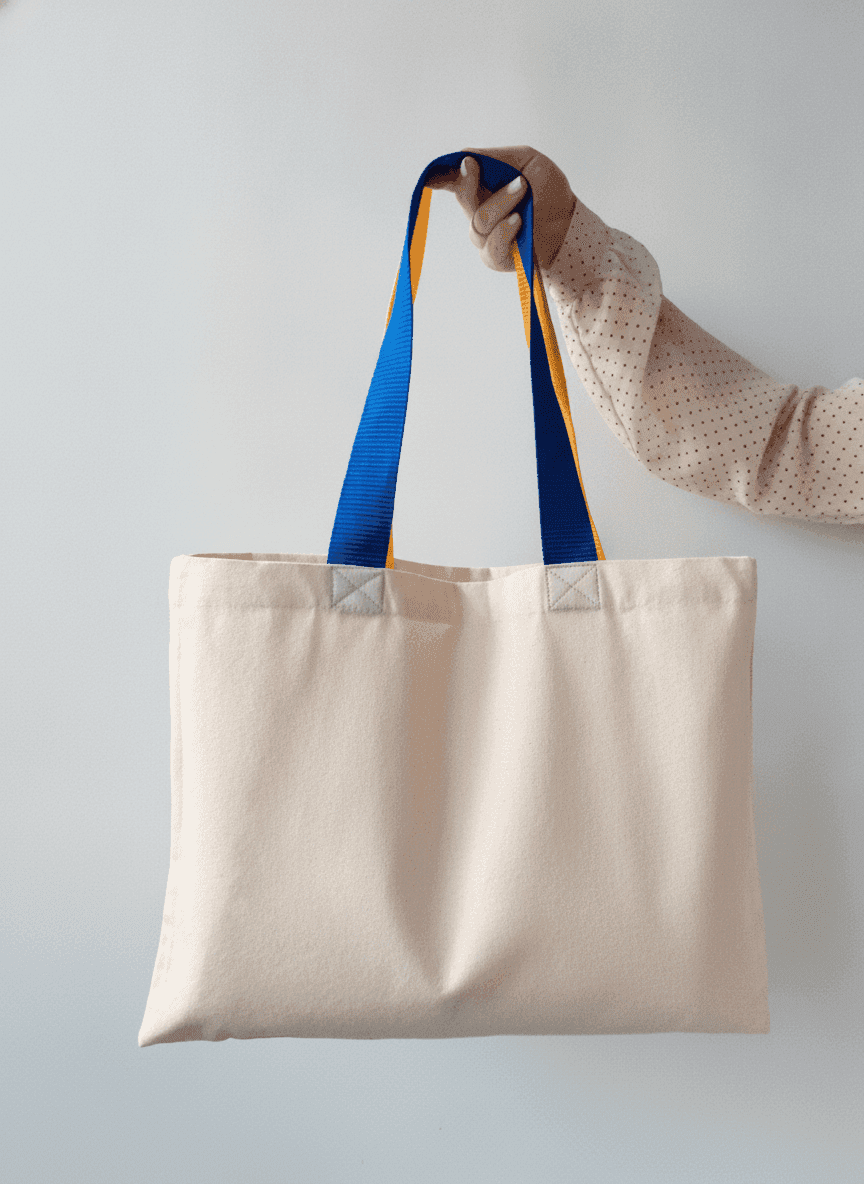 Cotton tote bag with multicolored handles