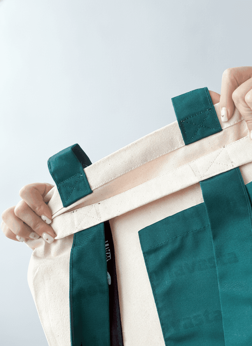 Natural Fabric Tote Bag with Green Pocket & Ribbon