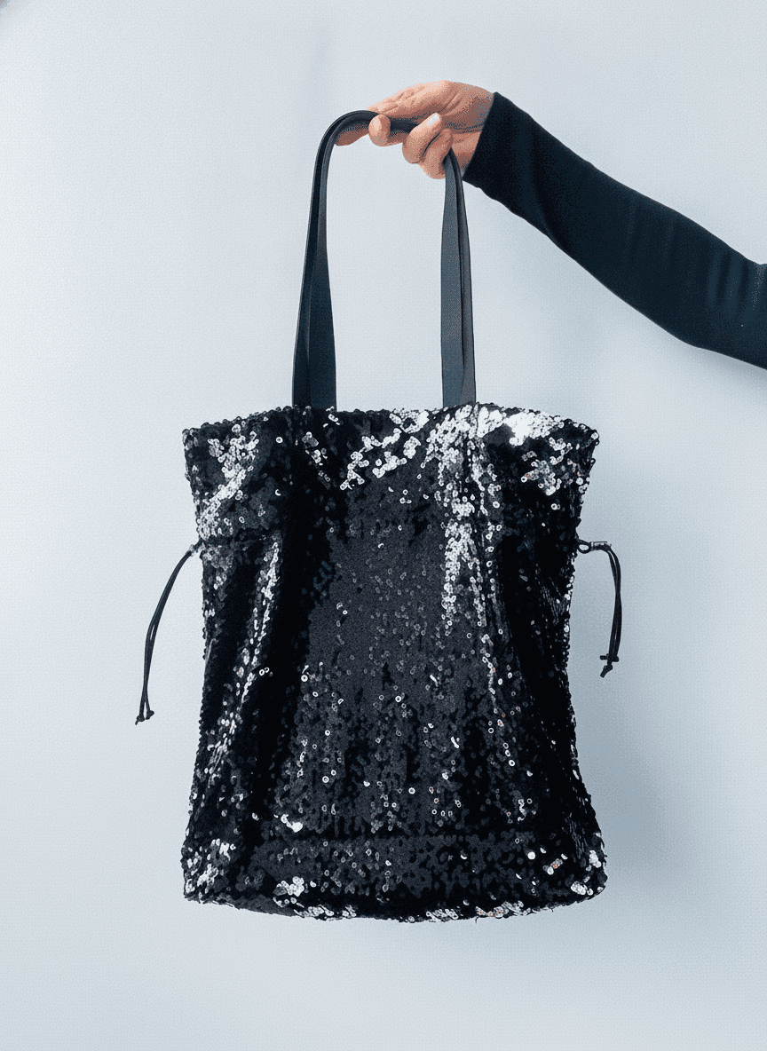 Sequin tote with leather handles