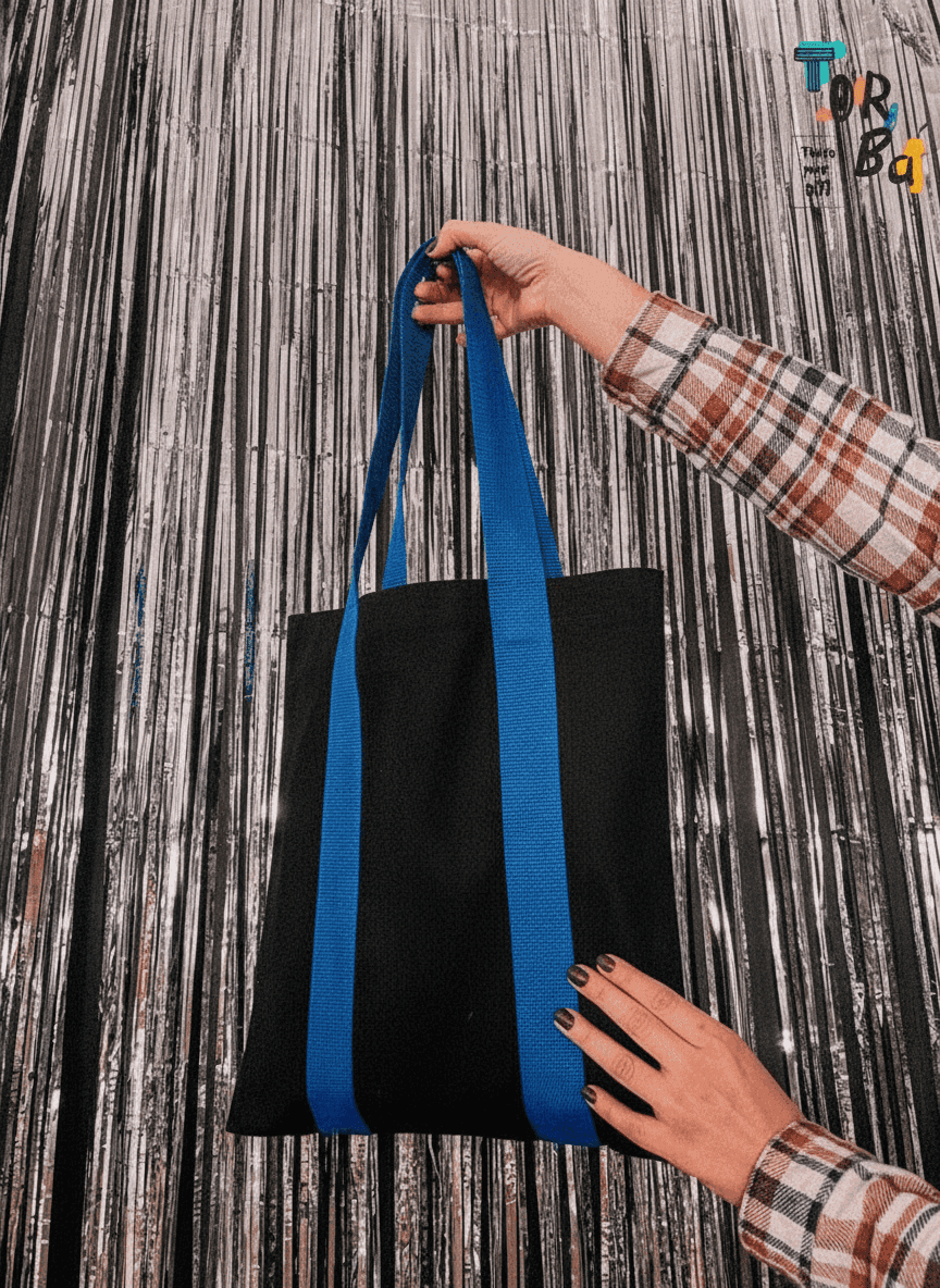 Black Tote Bag with Long Blue Handles
