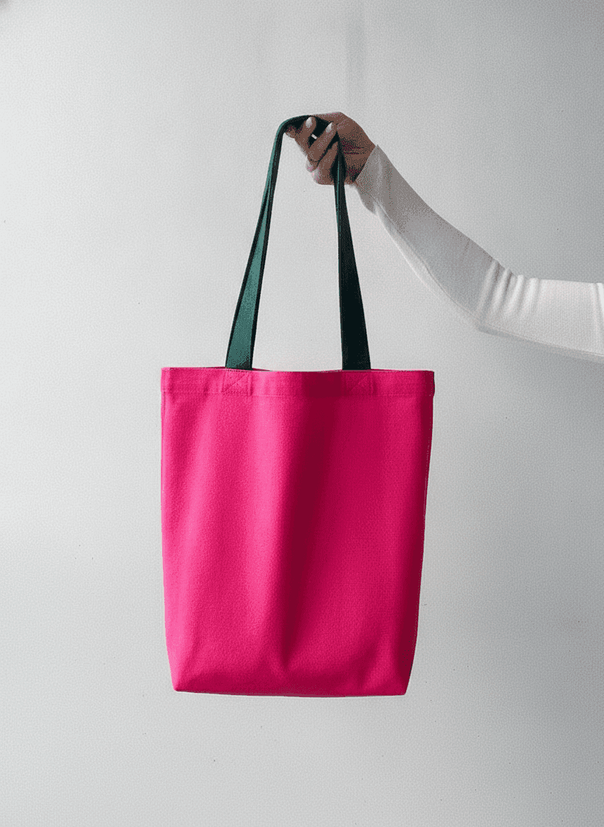 Pink Twill Tote Bag with Dark Green Handles