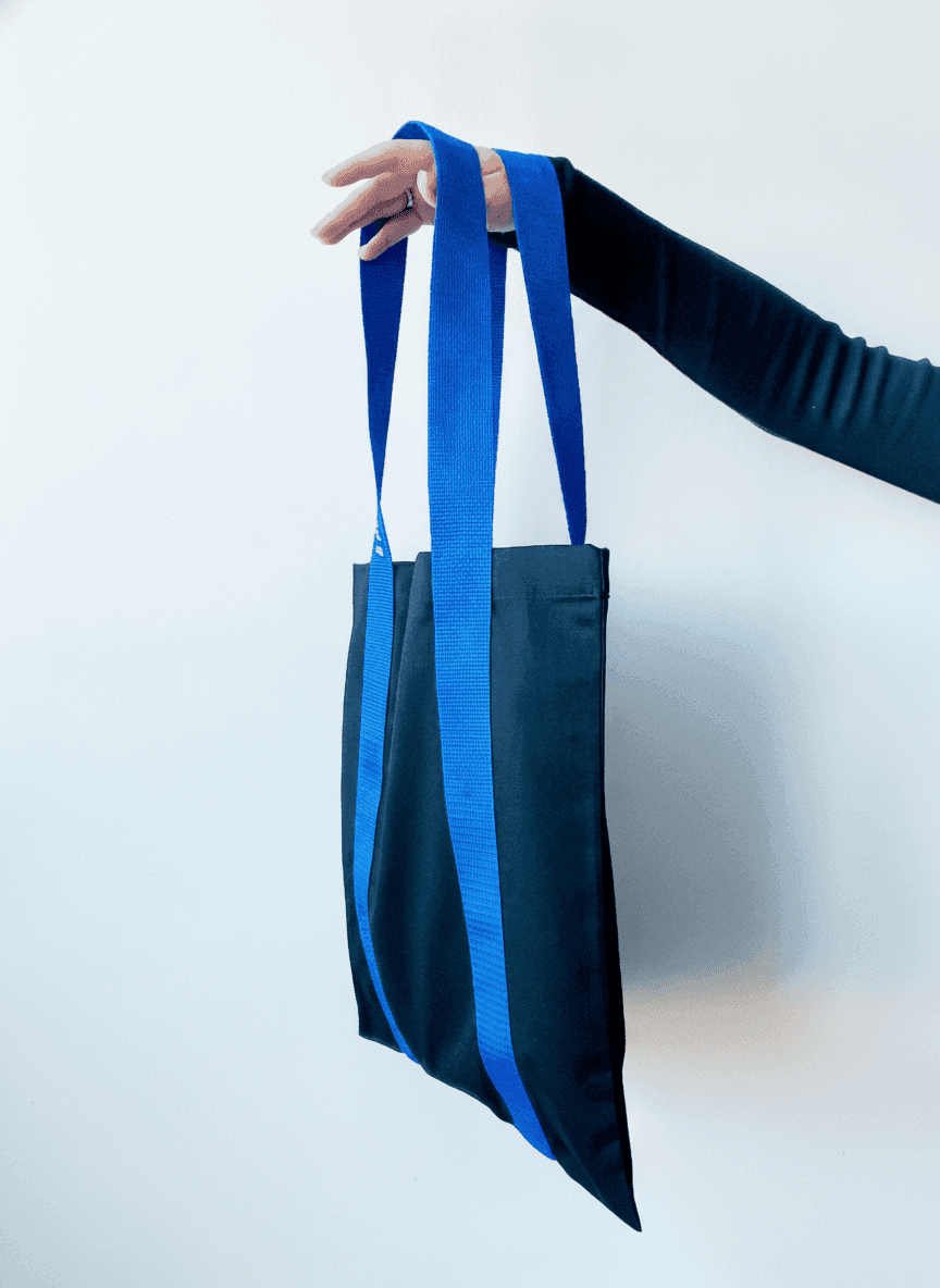 Black Tote Bag with Long Blue Handles