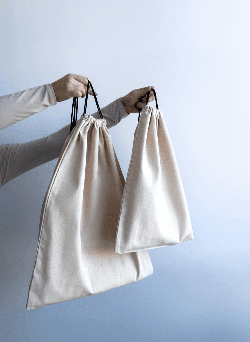 Мешок на шнурке из двунитки натурального оттенка для покупок