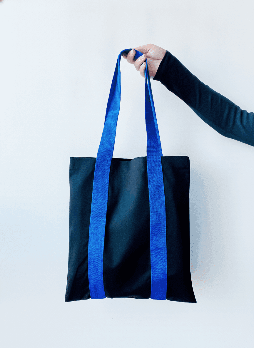 Black Tote Bag with Long Blue Handles