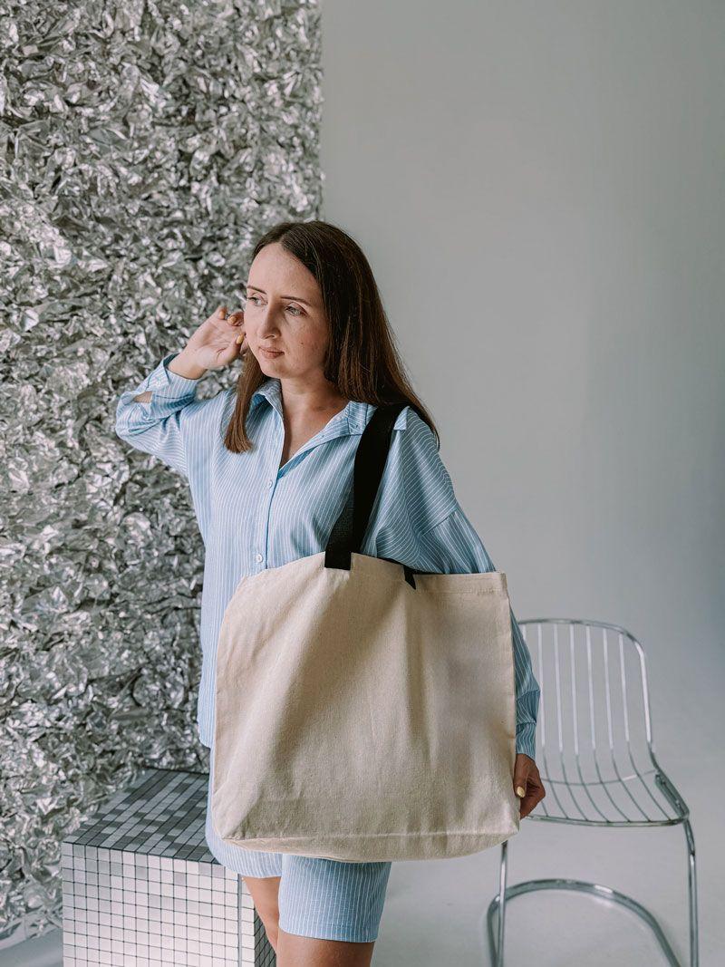 Экосумка из двунитки с дном и карабином для ключей — многоразовая шоппер-сумка натурального цвета без печати размер: 52см х 42см х 10см