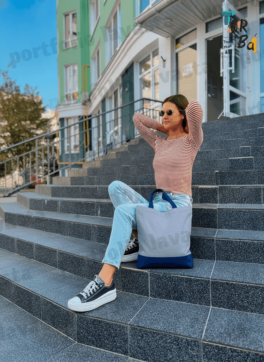 Two-Tone Gray and Blue Heavyweight Cotton Tote