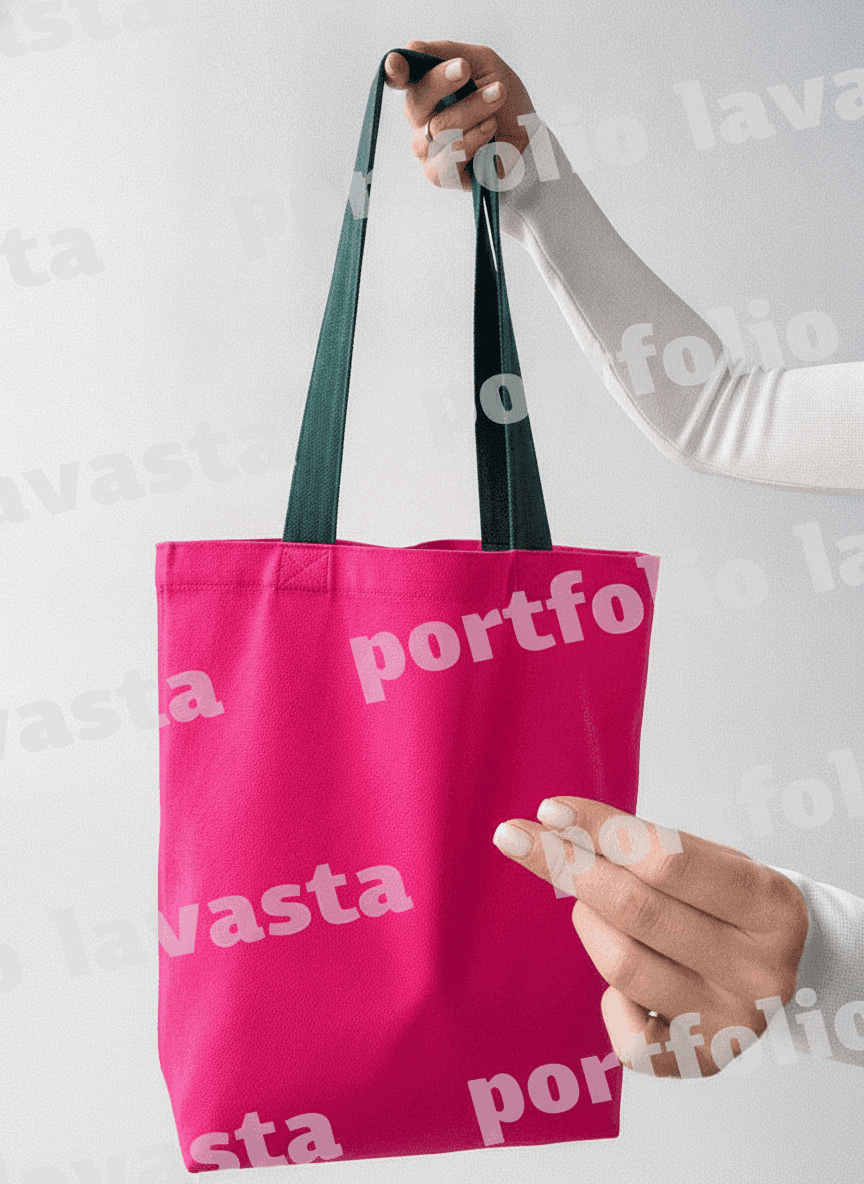 Pink Twill Tote Bag with Dark Green Handles