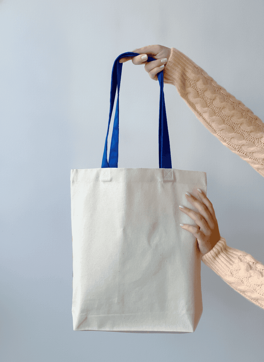 Cotton Tote Bag with Blue Handle & Orange Pocket
