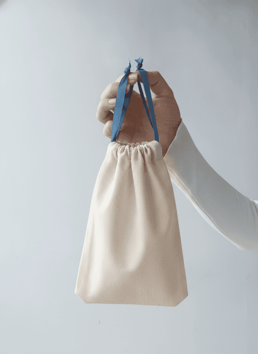 Double-Knit Drawstring Pouch with Blue Grosgrain Ribbon
