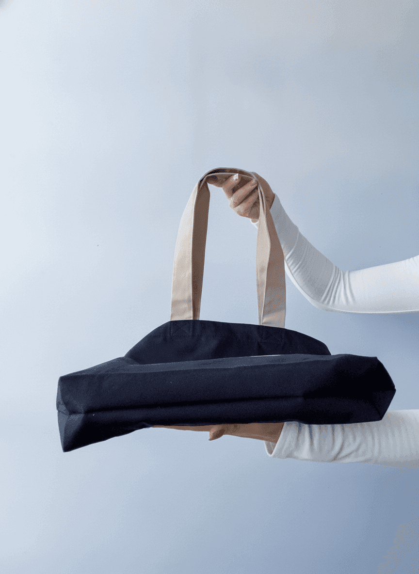 Black Twill Tote Bag with Beige Handles