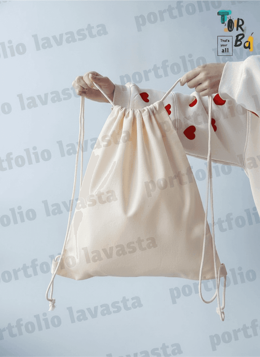 Light Beige Drawstring Backpack with Bright Handle