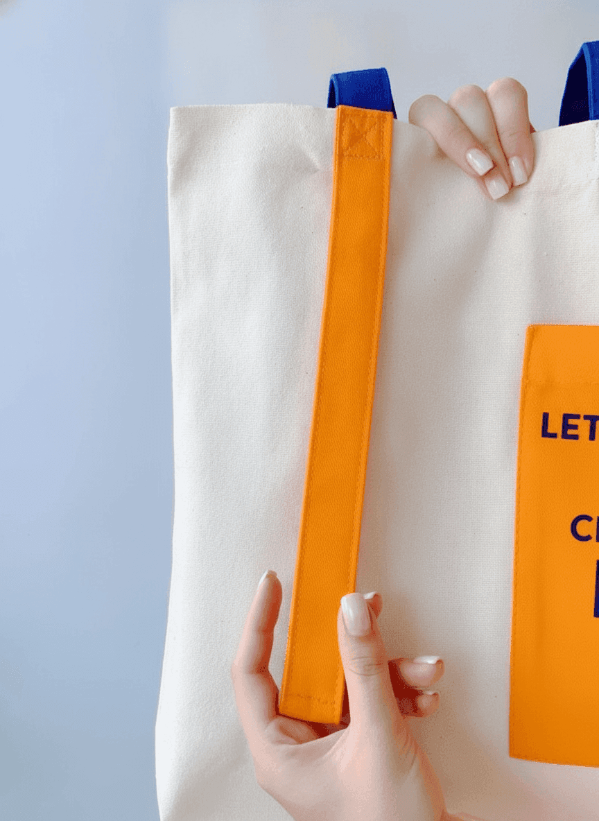 Cotton Tote Bag with Blue Handle & Orange Pocket