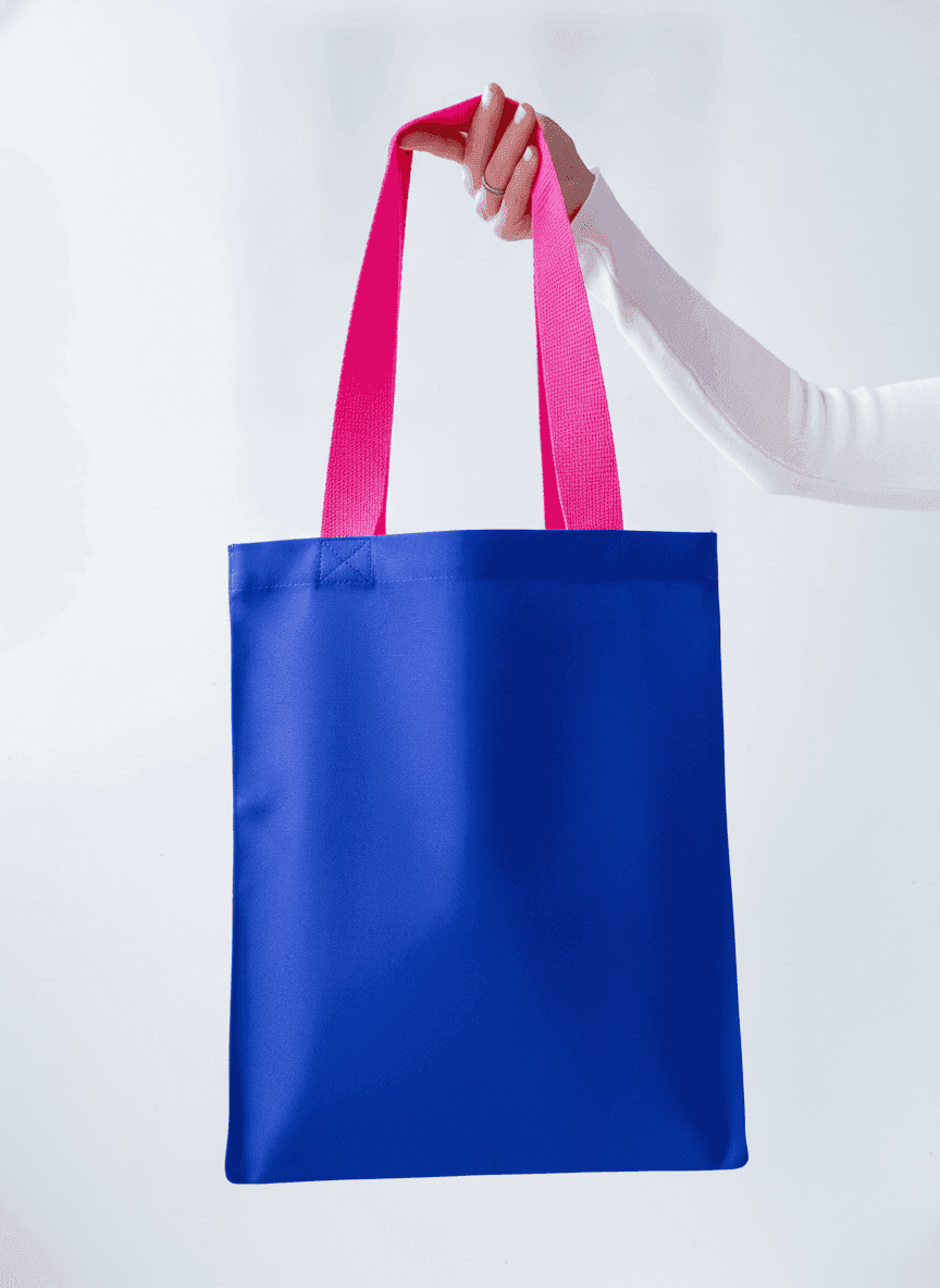 Blue Oxford Tote Bag with Pink Handle