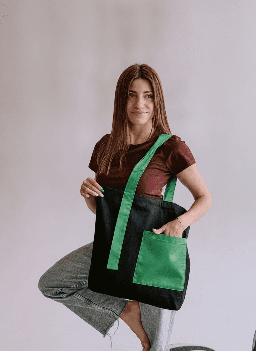 Black-Green Twill Tote Bag