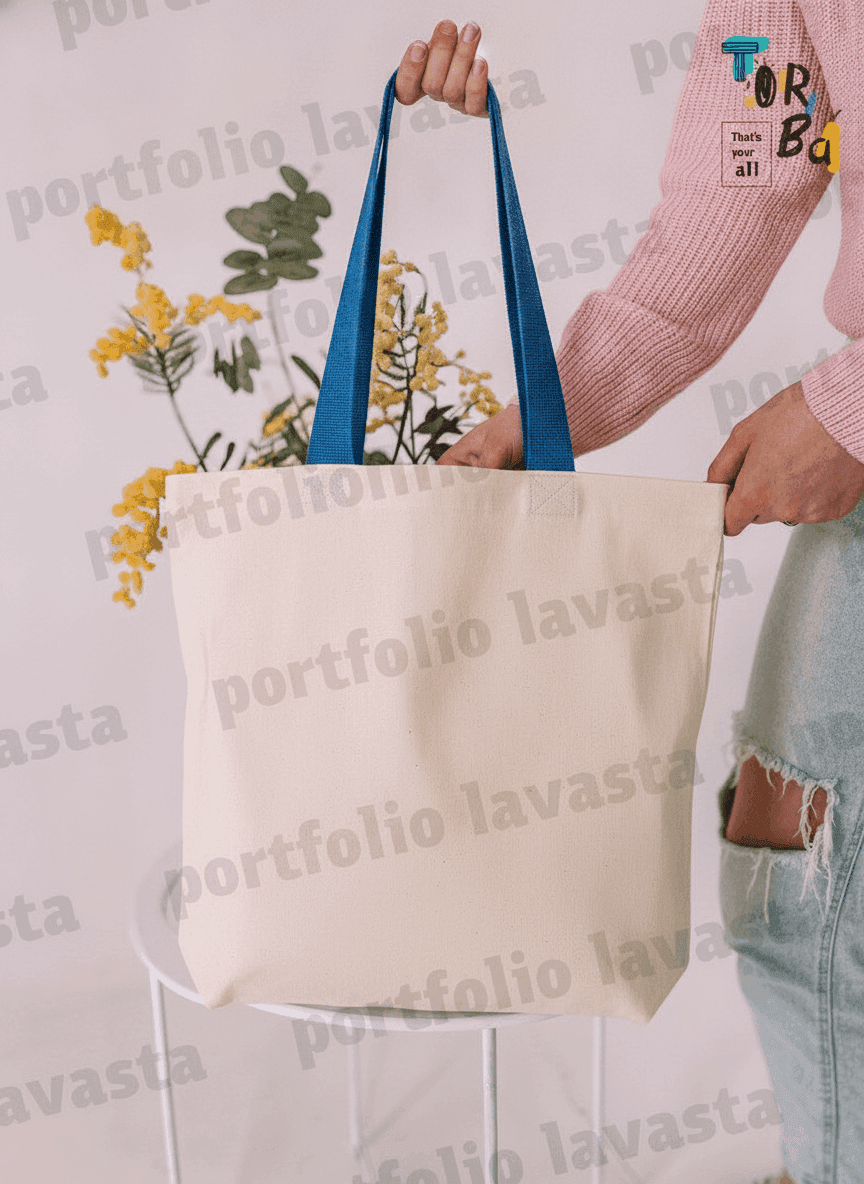 Eco-Friendly Tote Bag Light Beige with Blue Handles