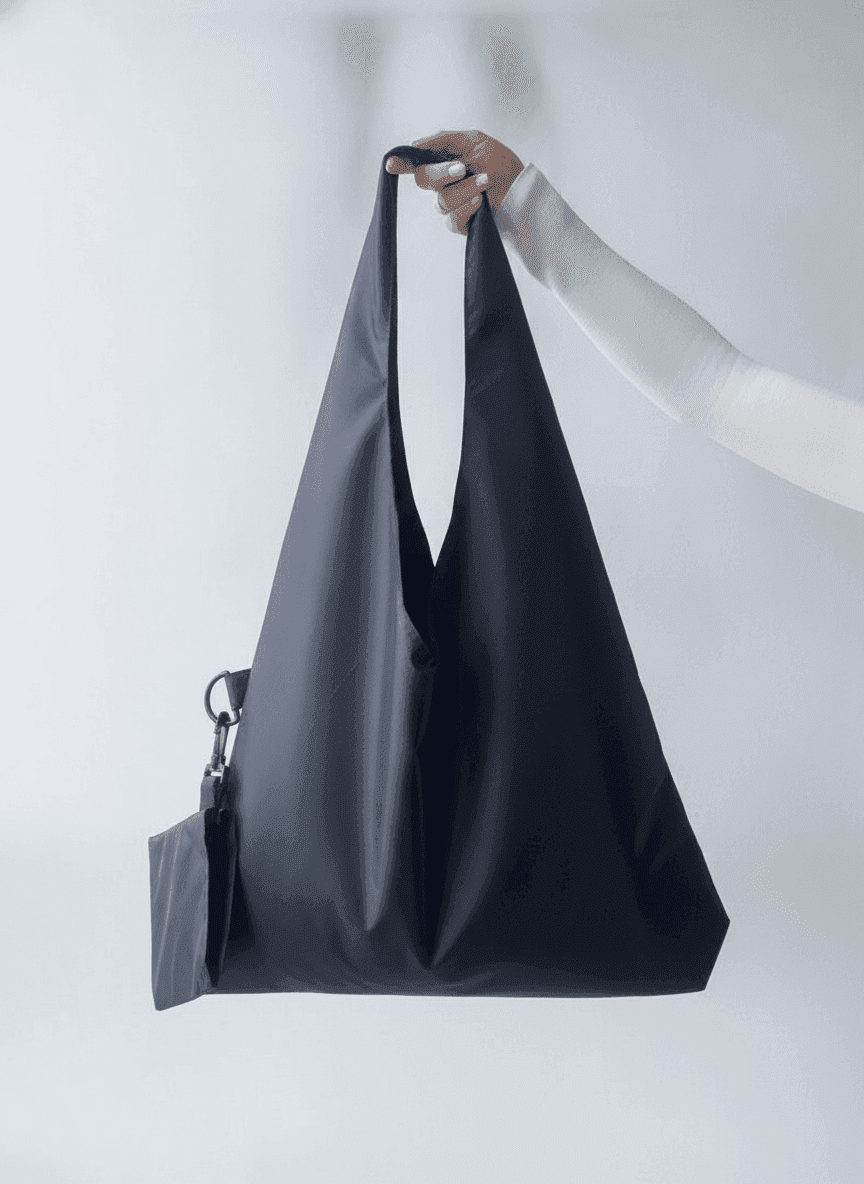 Black Packable Tote Water-Resistant Fabric Side Pocket