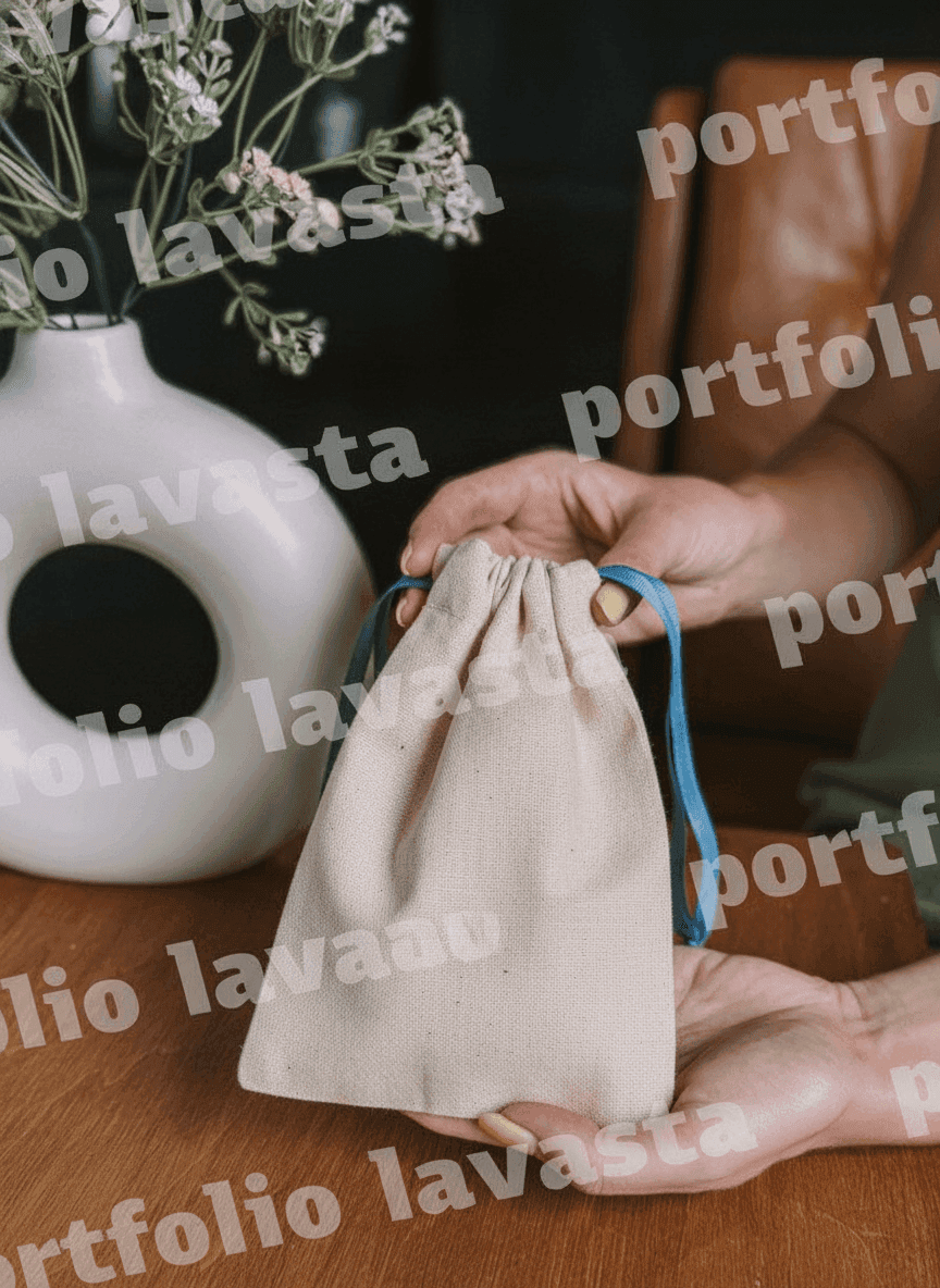 Double-Knit Drawstring Pouch with Blue Grosgrain Ribbon