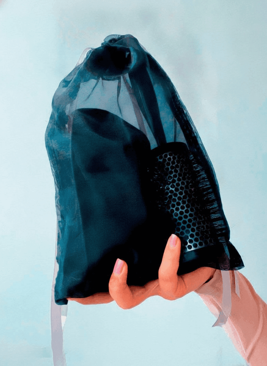 Organza pouch with sewn-on label