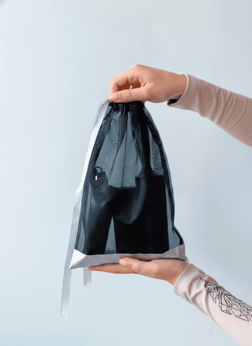 Organza pouch with sewn-on label