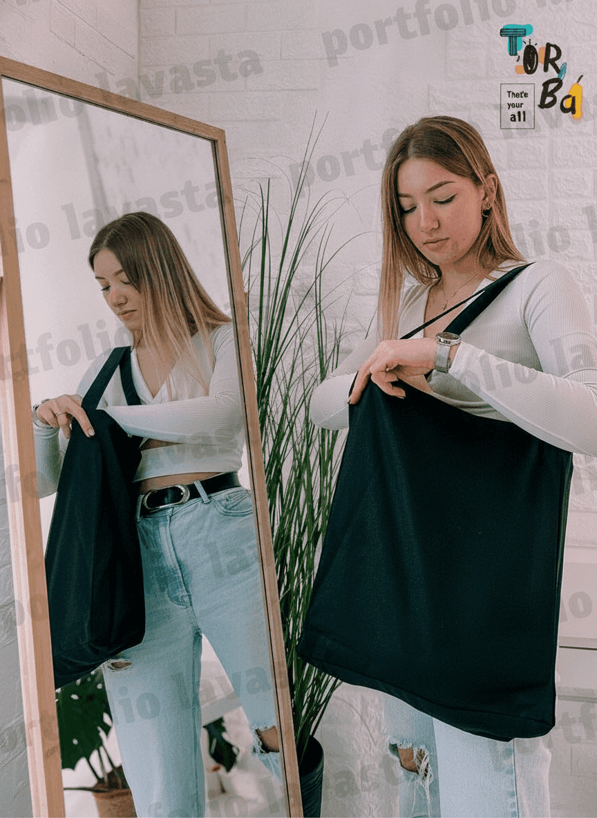 Black Twill Tote Bag with Long Handles