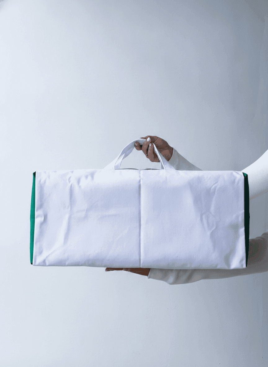White Cotton Tote with Green Inner Pockets