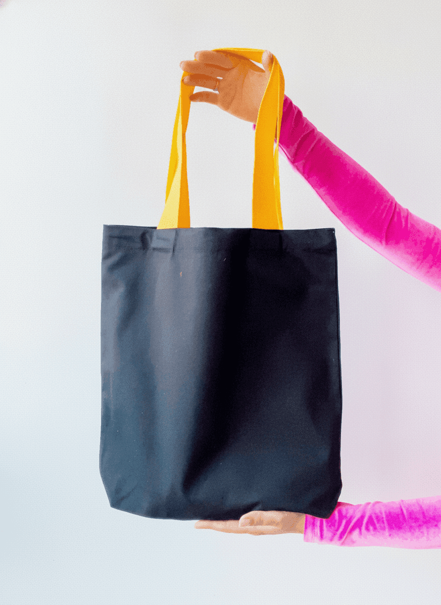 Black Cotton Tote Bag with Long Yellow Handles