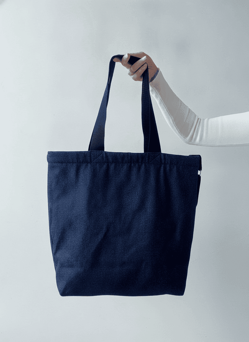 Navy Denim Tote Bag with Patches and Pockets