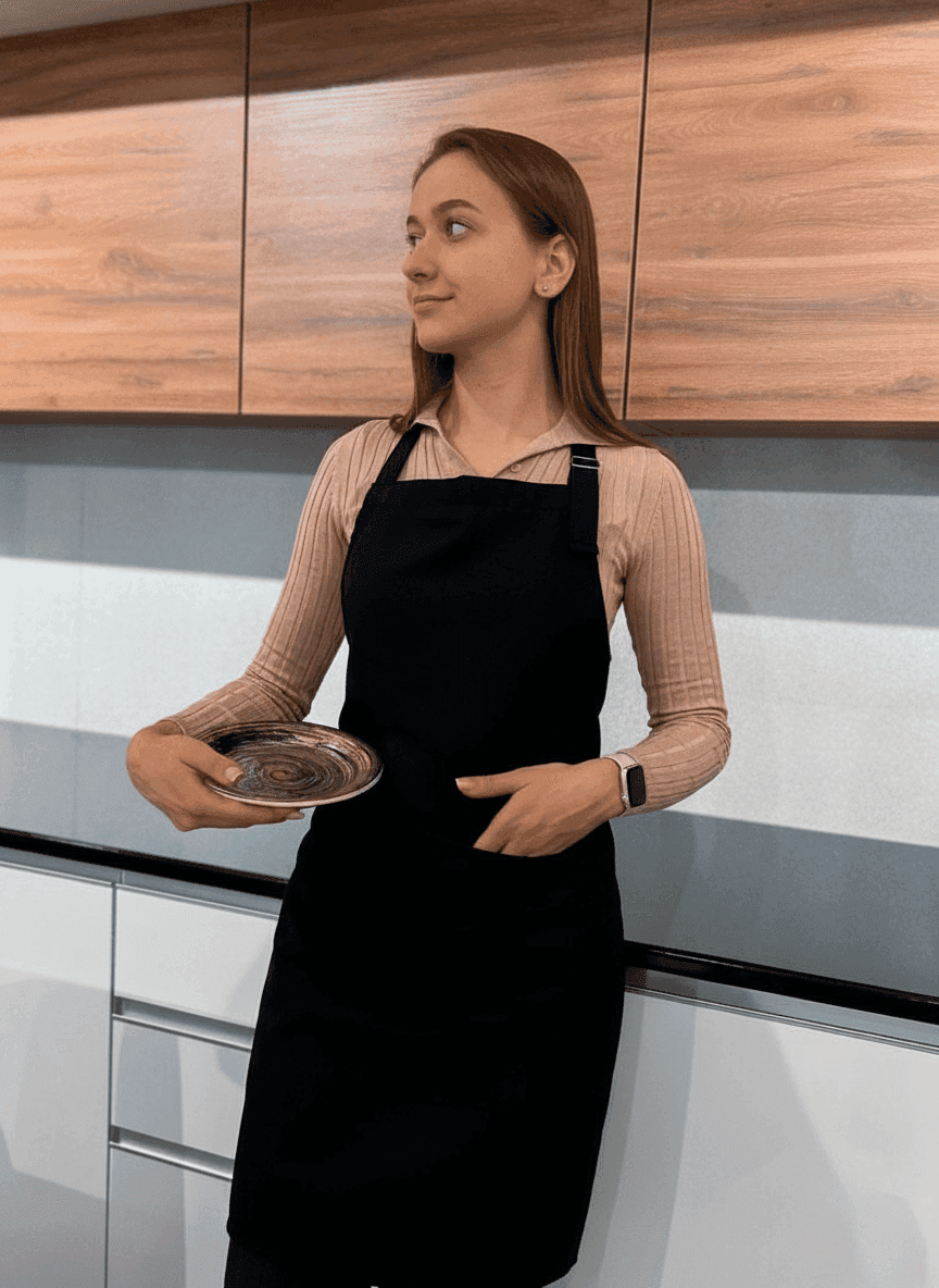 Black Gabardine Apron with Print