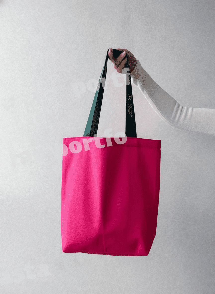 Pink Twill Tote Bag with Dark Green Handles