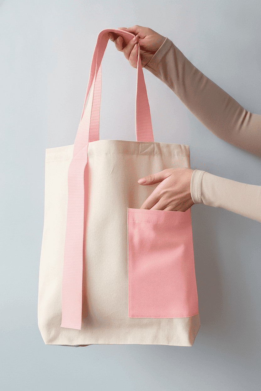 Cotton tote bag with pink handles & pocket