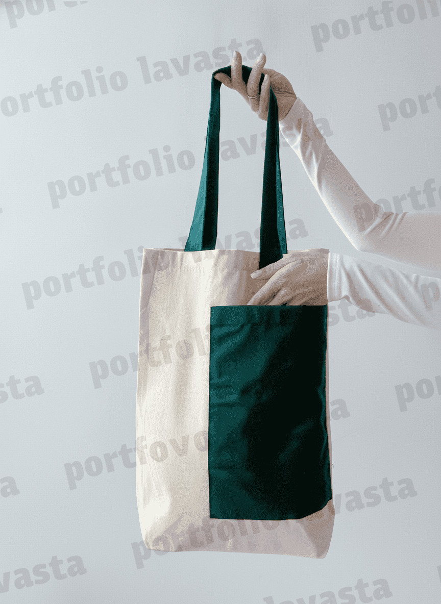 Natural Fabric Tote Bag with Green Pocket & Ribbon