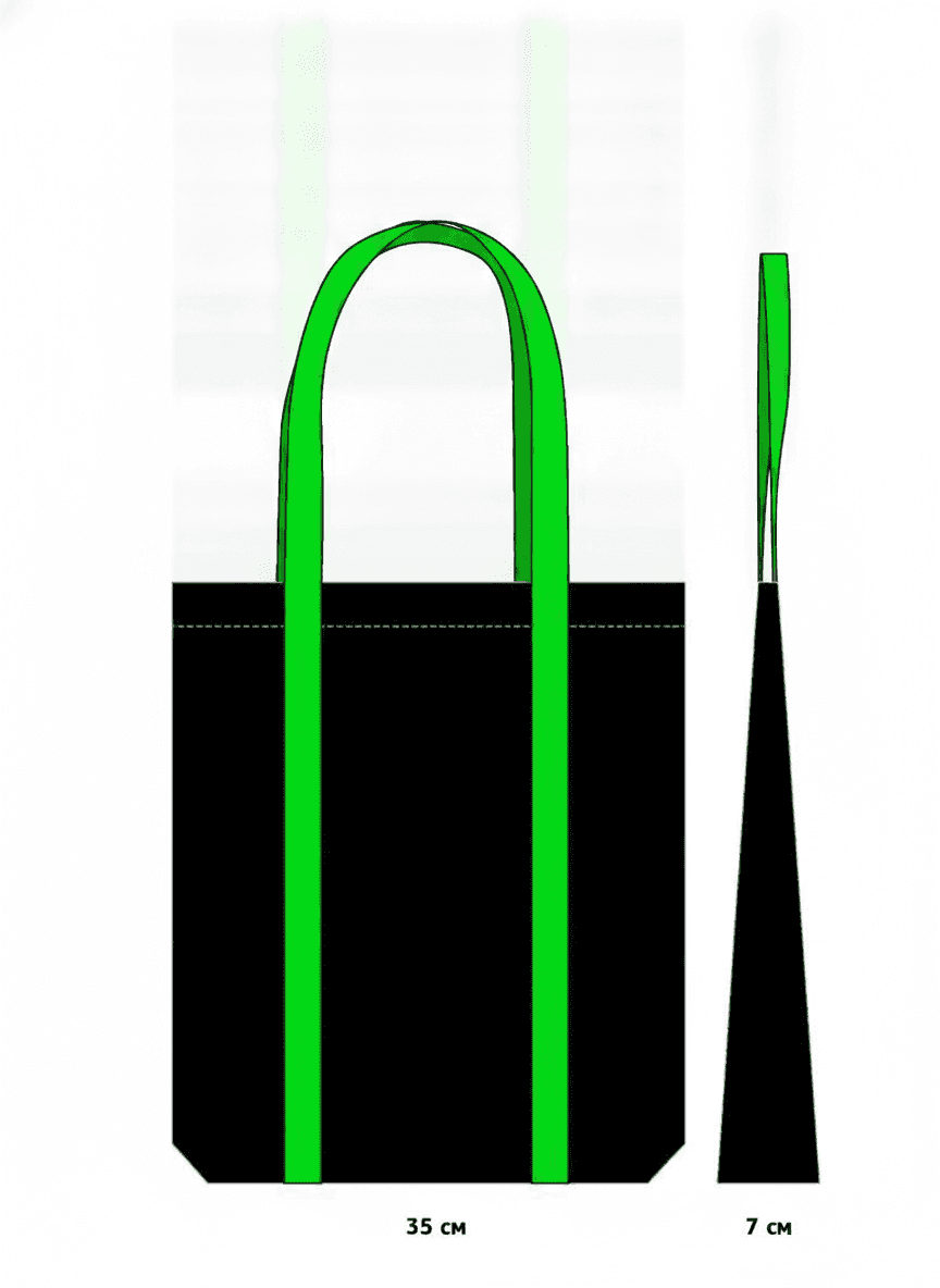 Black tote bag with long green handles