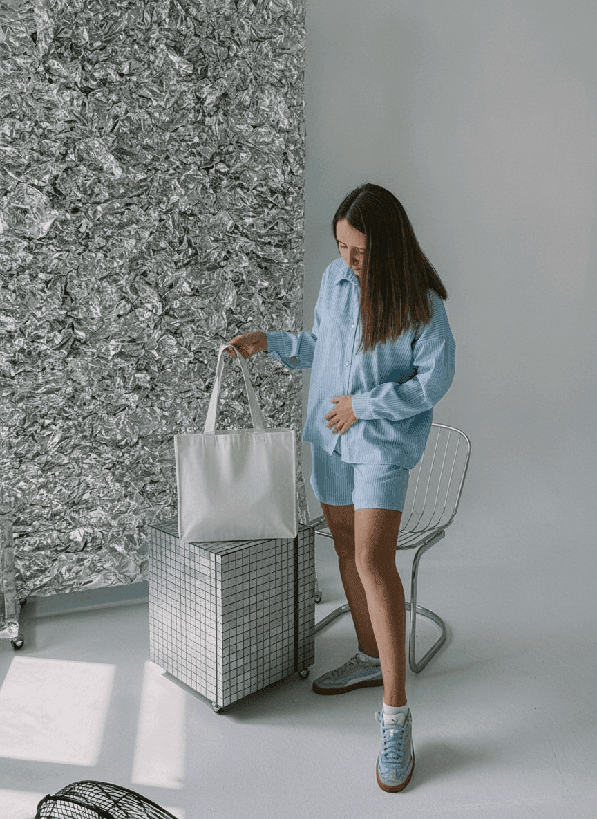 White Cotton Tote with Green Inner Pockets