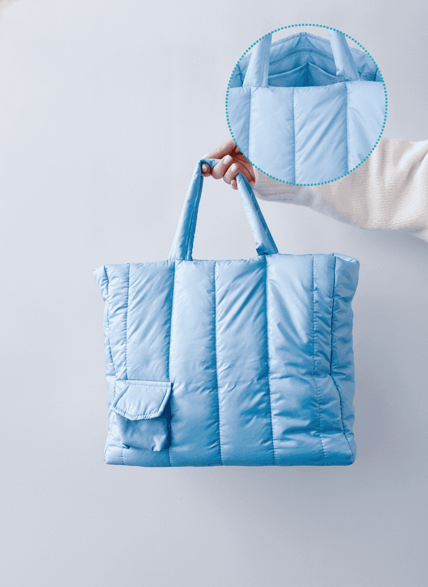Quilted Light Blue Tote Bag with Inner Pockets