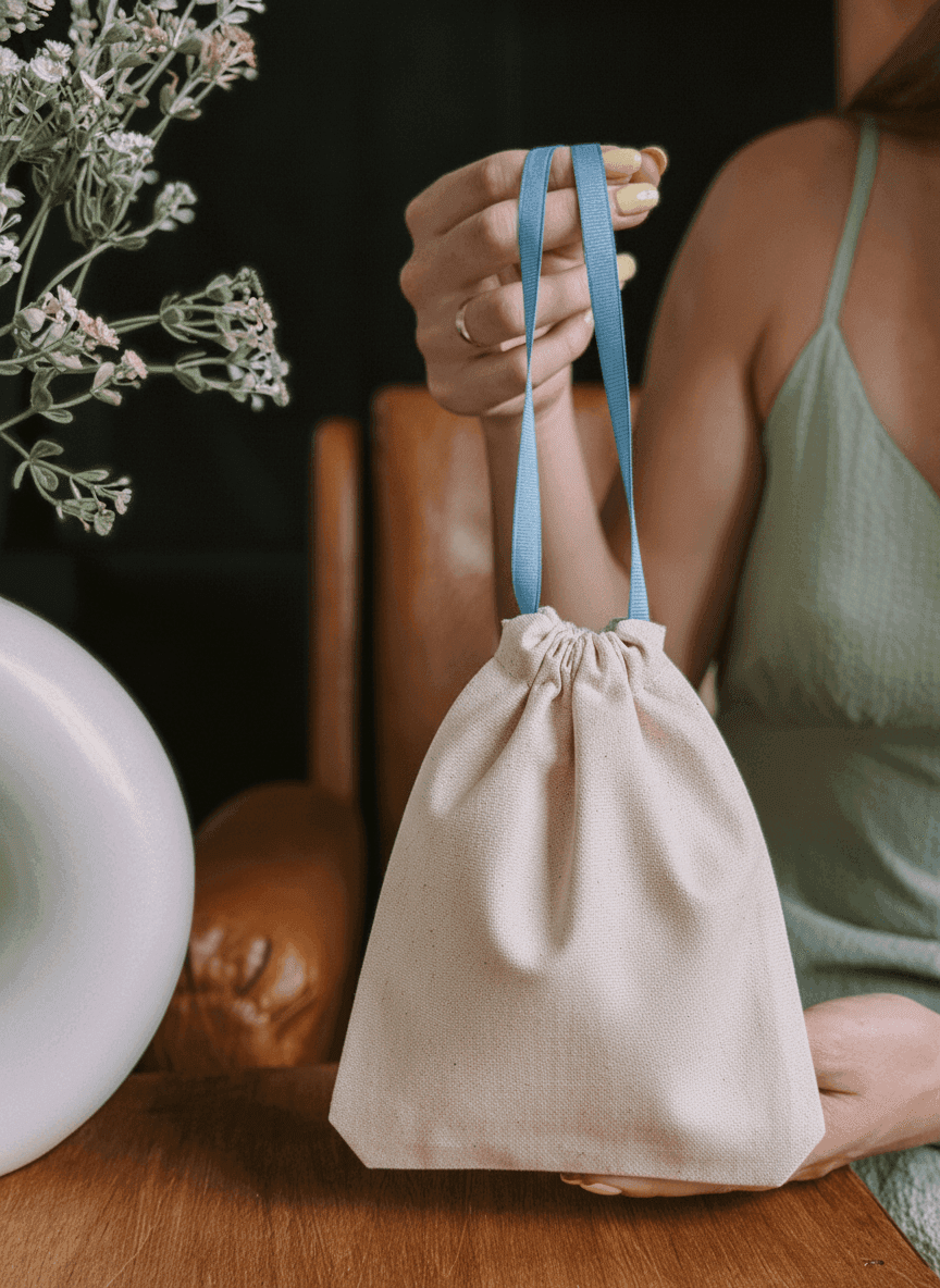 Double-Knit Drawstring Pouch with Blue Grosgrain Ribbon