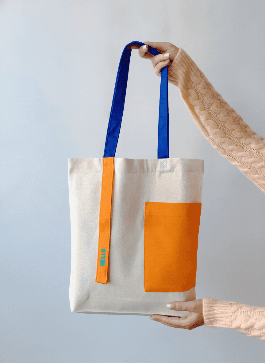 Cotton Tote Bag with Blue Handle & Orange Pocket