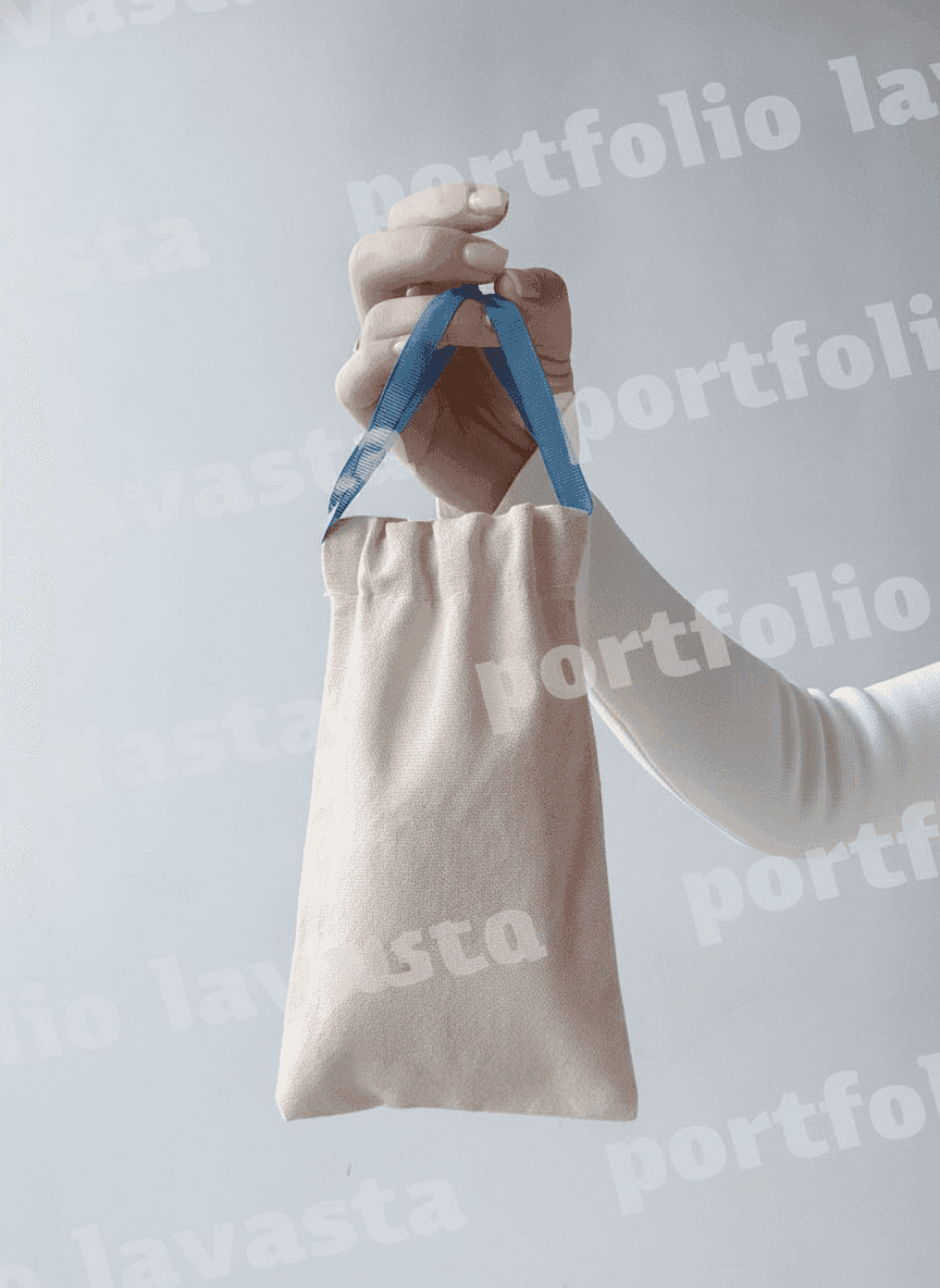 Double-Knit Drawstring Pouch with Blue Grosgrain Ribbon