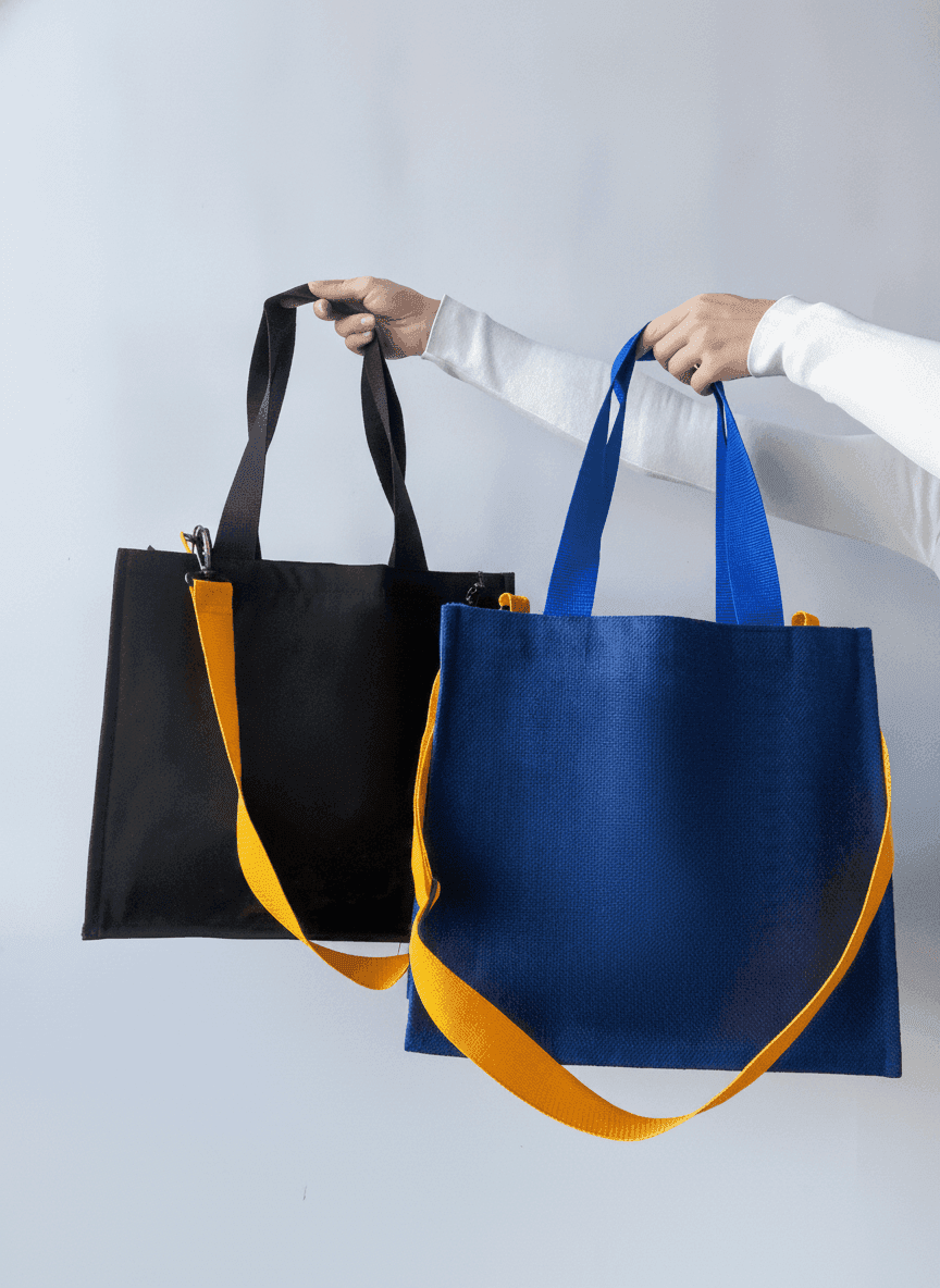 Jute tote bag with handles and long strap
