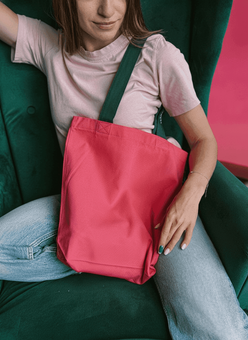Pink Twill Tote Bag with Dark Green Handles