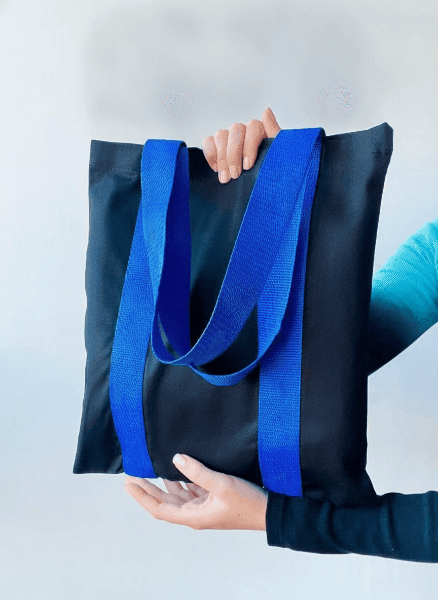Black Tote Bag with Long Blue Handles