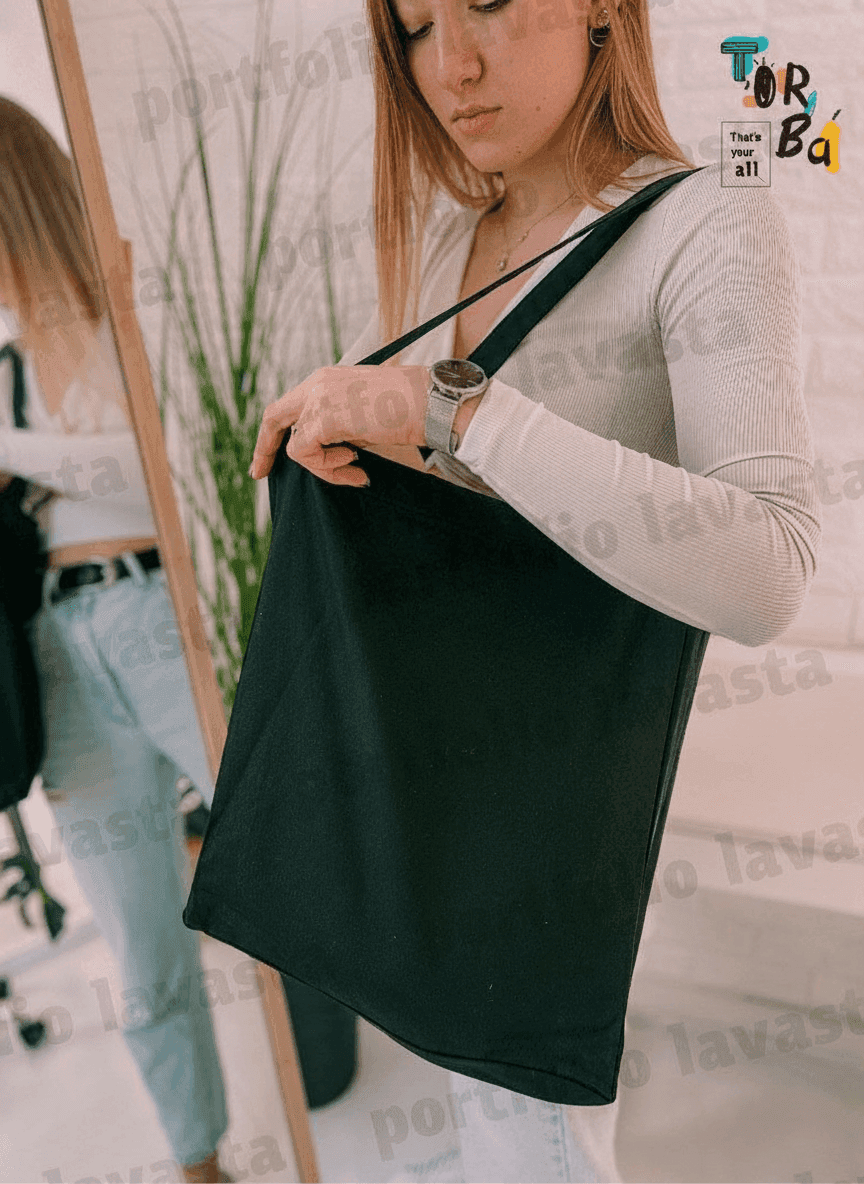 Black Twill Tote Bag with Long Handles